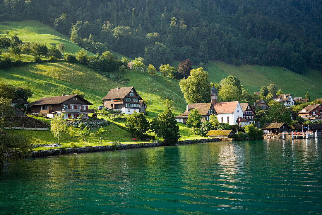View over Lake Lucerne to village, Kehrsiten Dorf, Canton of Lucerne, Switzerland