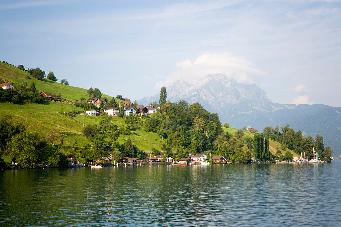 View over Lake Lucerne to Kehrsiten Bürgenstock, Pilatus (2132 m) in background, Kehrsiten Bürgenstock, Canton of Lucerne, Switzerland
