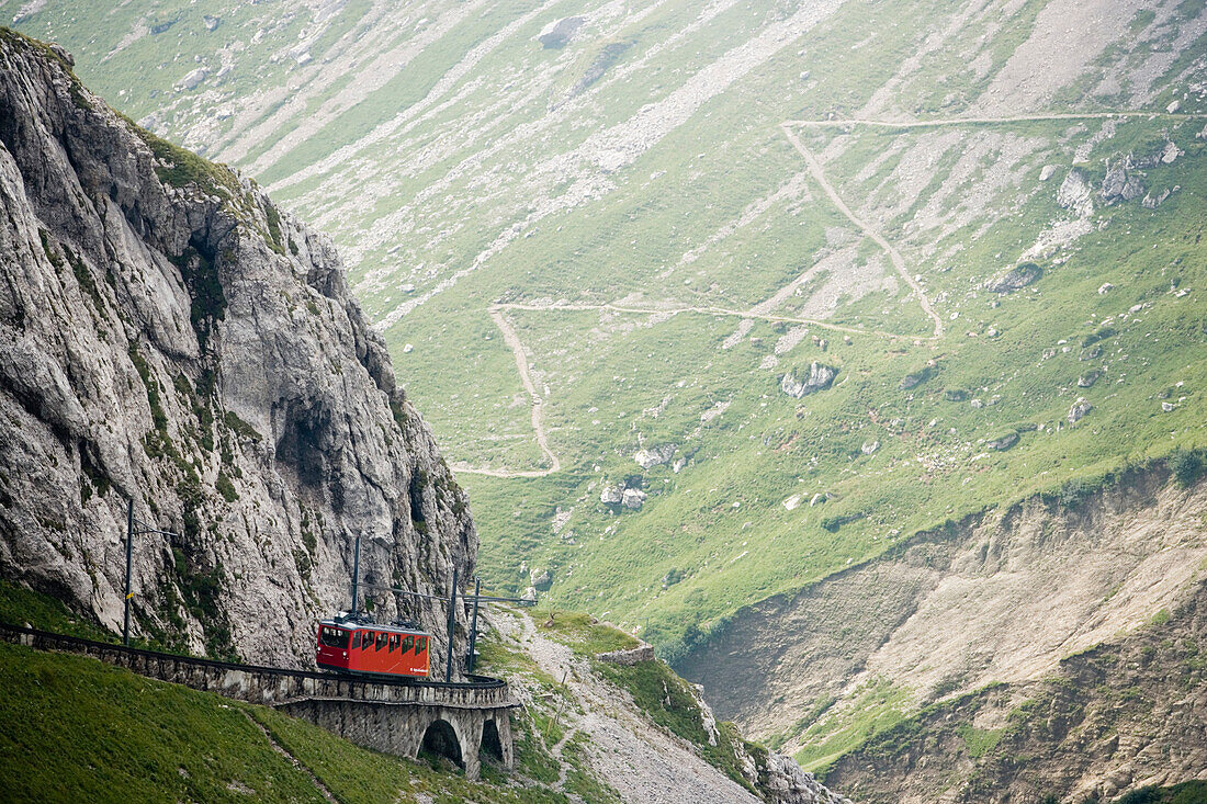 Pilatus Railway, the steepest cog railway in the world, Lake Lucerne, Pilatus (2132 m), Alpnachstad, Canton of Obwalden, Switzerland