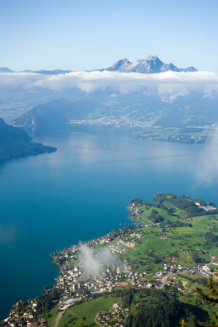 View on Weggis and Hertenstein at Lake Lucerne, Pilatus (2132 m) in background, Weggis, Canton of Lucerne, Switzerland