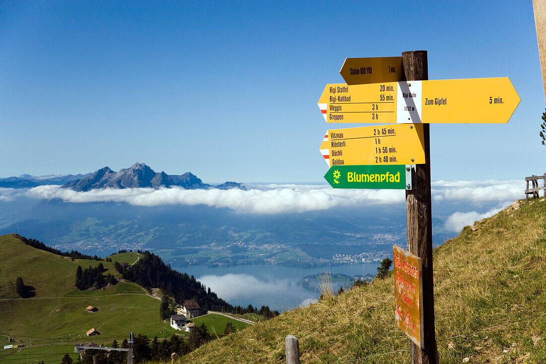 Signpost, View  fromRigi Kulm (1797 m) to Pilatus (2132 m), Rigi Kulm, Canton of Schwyz, Switzerland