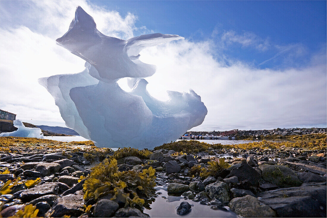 Stranded icebergs in front of the town Narsaq, South Greenland