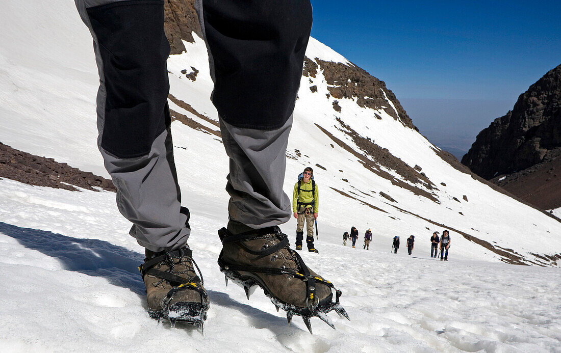 Mountaineers with crampons, Atlas Mountains, Morocco, Toubkal Region, North Africa