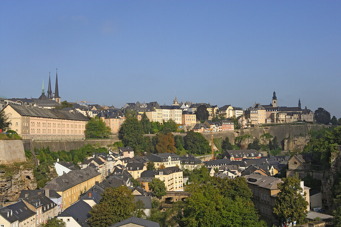 Grund and Centre districts. The towers on the left belong to the Cathedral, Luxembourg