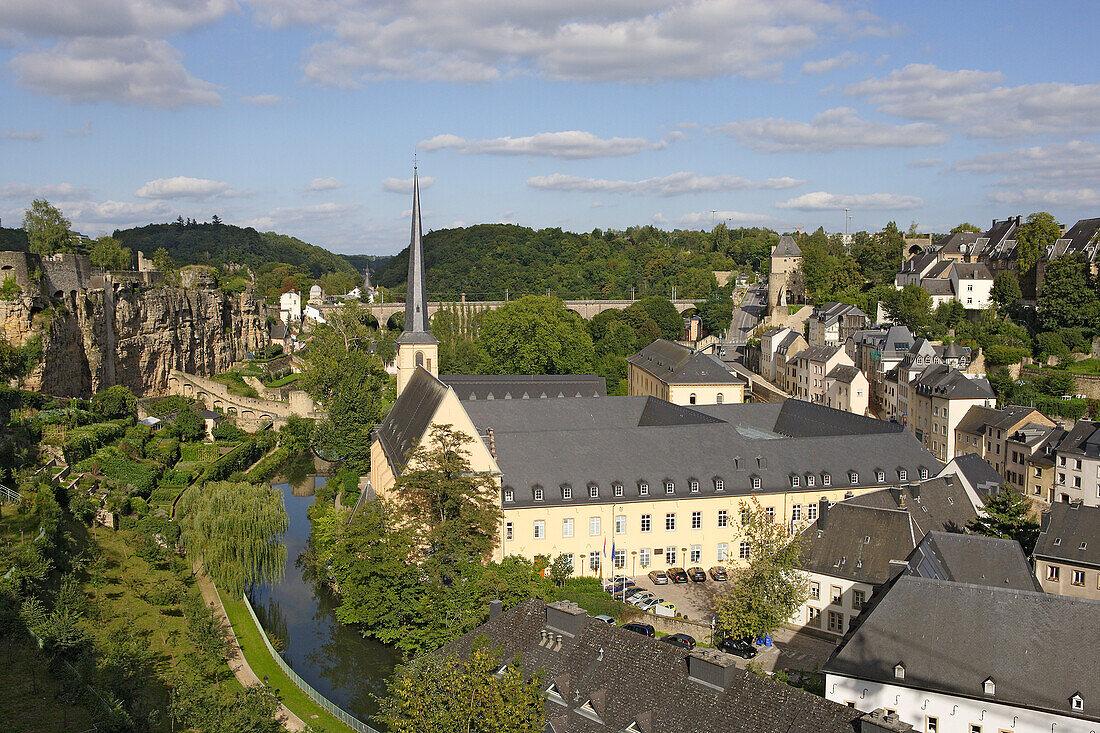View at Neumünster abbey at the Grund district on the banks of the river Alzette, Luxembourg, Luxembourg, Europe