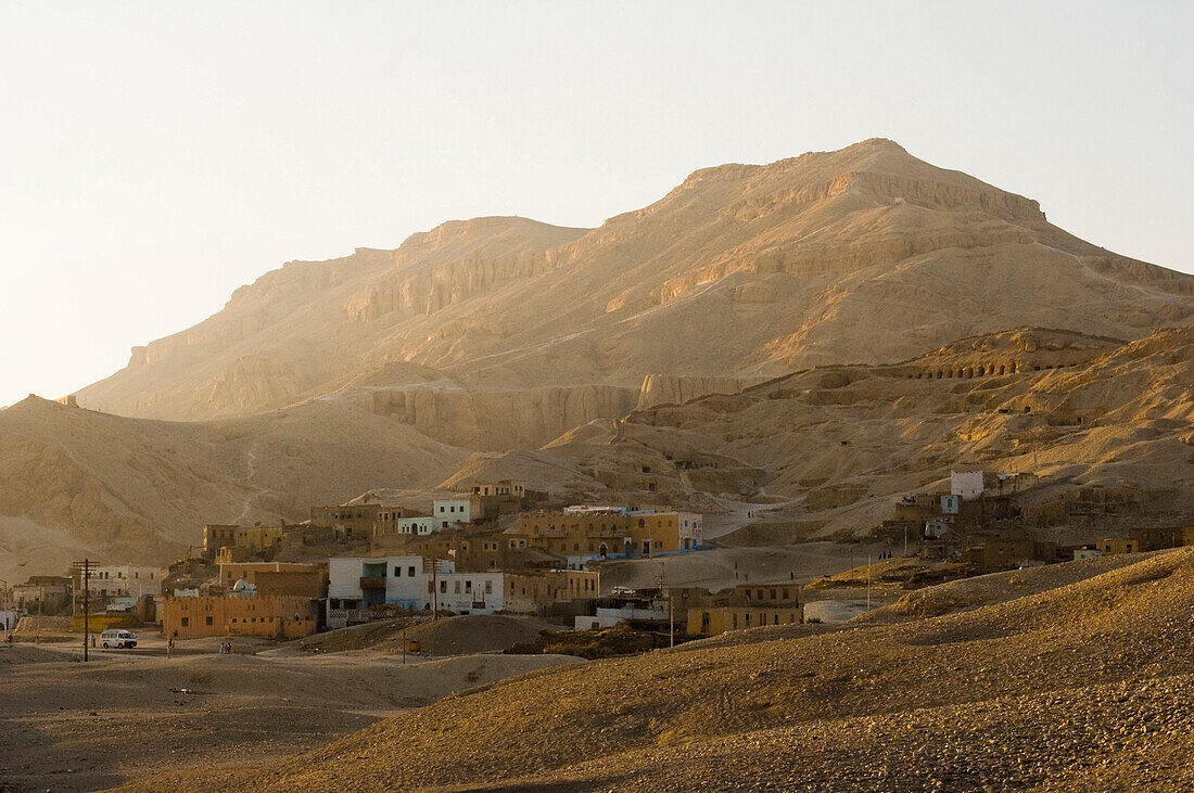 A mountain and village at sunset, Theben, Luxor, Egypt