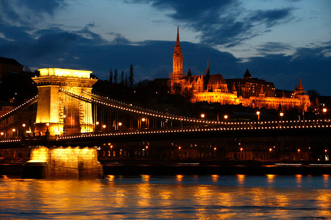 The Chain Bridge with the Matthias church in the background, Budapest, Hungary