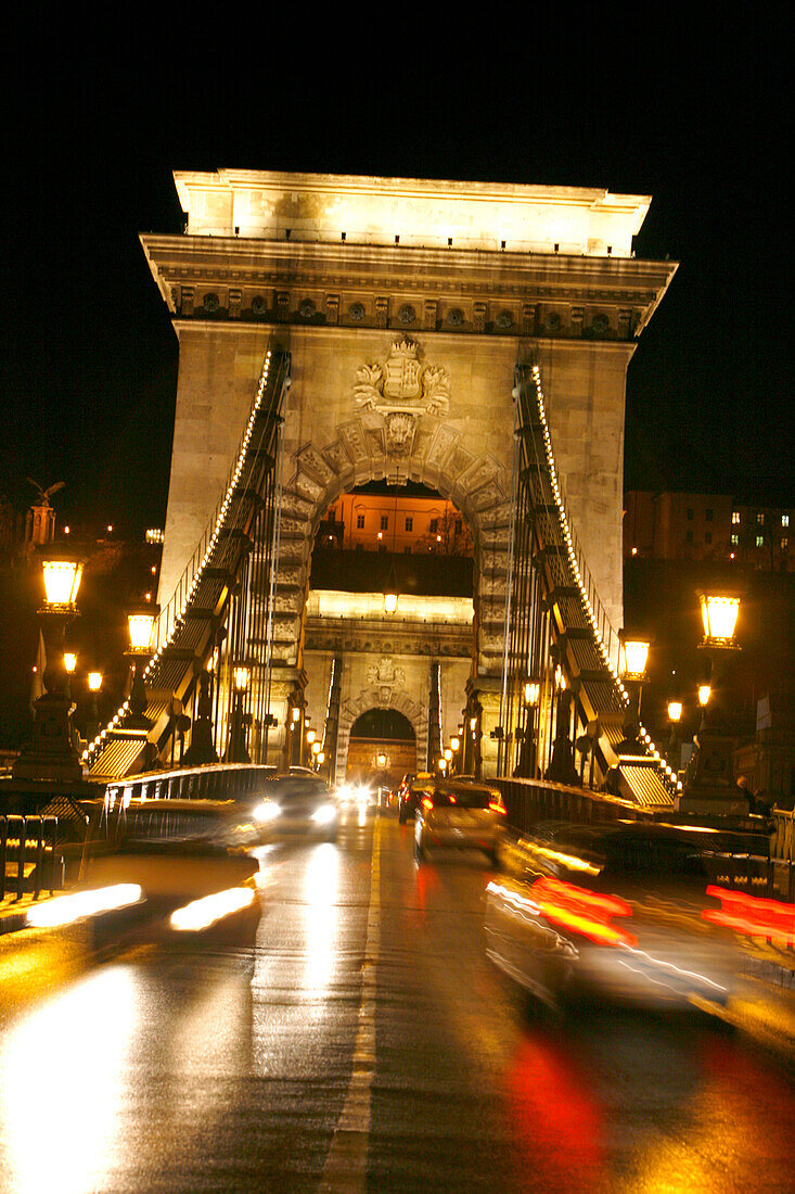 Car driving on the Chain Bridge at Night, Budapest, Hungary