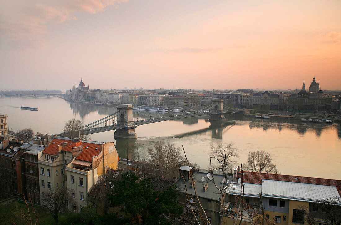 View of Budapest and the Danube at dawn, Budapest, Hungary