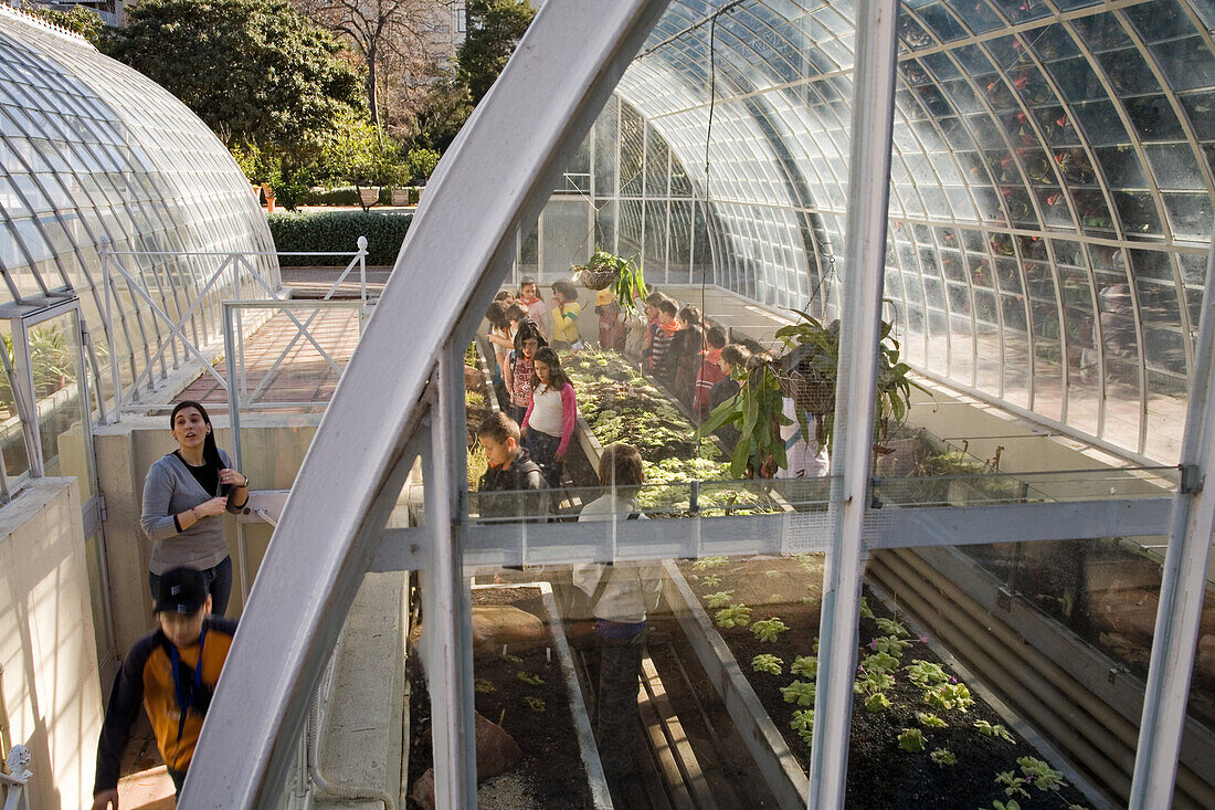Botanical Garden, Jardin Botanico, Spain's first botanical garden, school children visit a glass house, Valencia, Spain