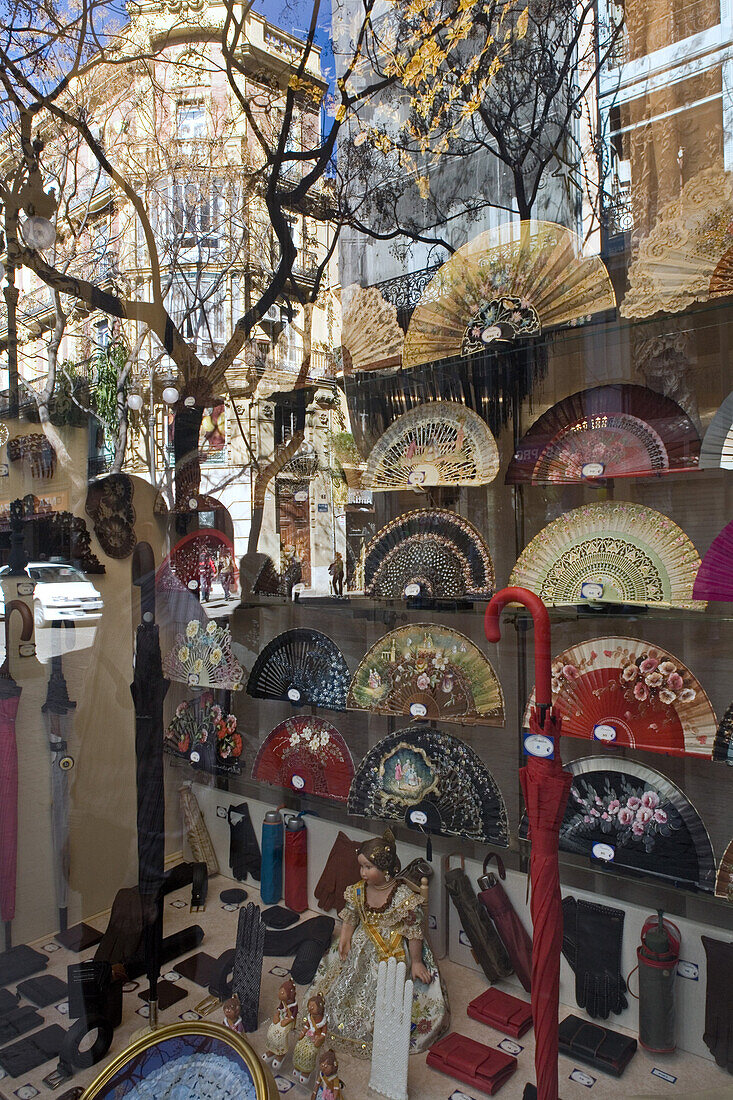 ornate handpainted fansin shop window, Valencia, Spain