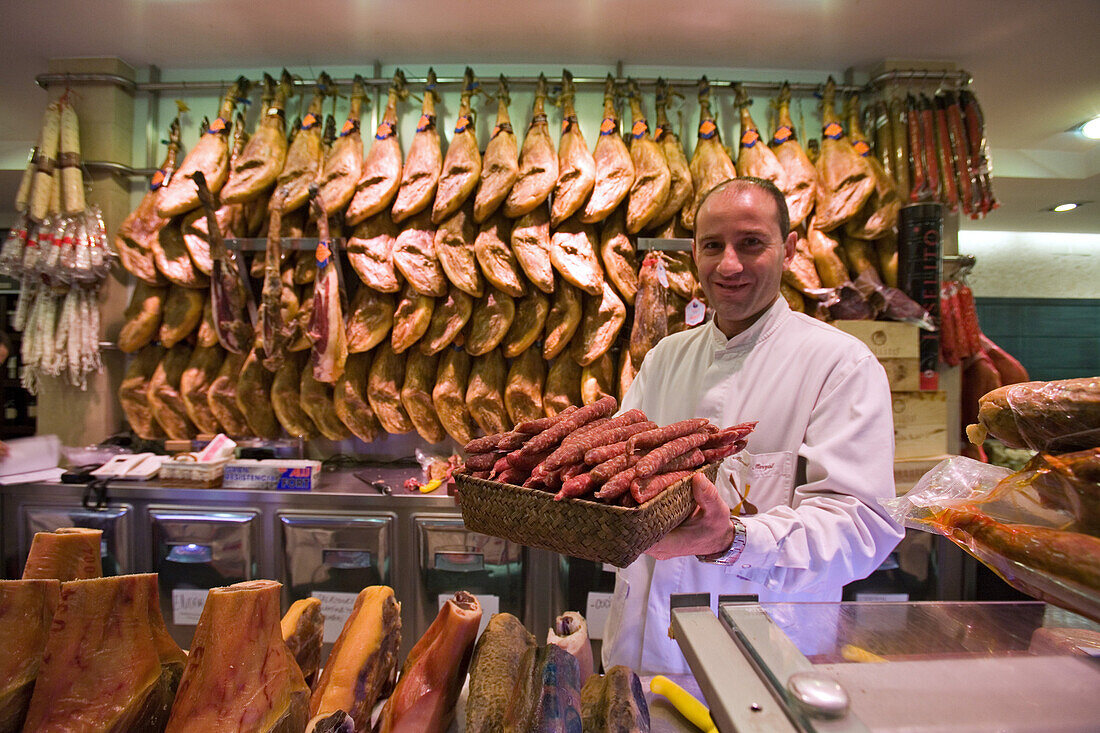 Hams, cold meats, market, Valencia, Spain