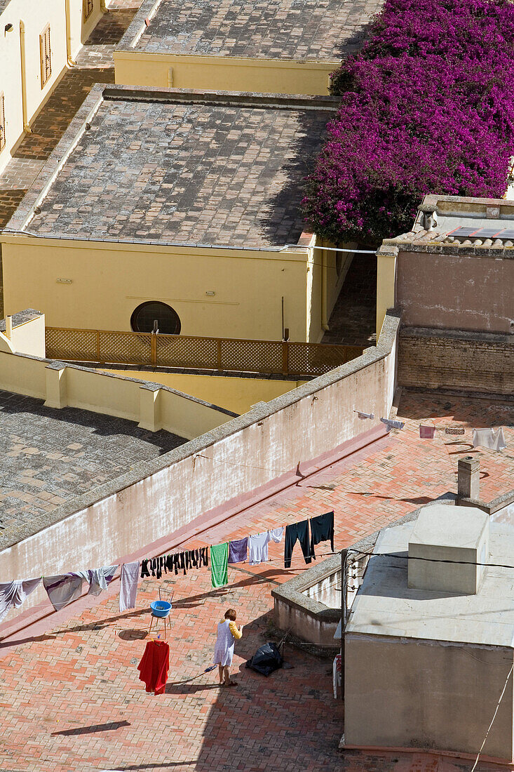 view from bell tower, washing drying, roofs of Valencia, Spain