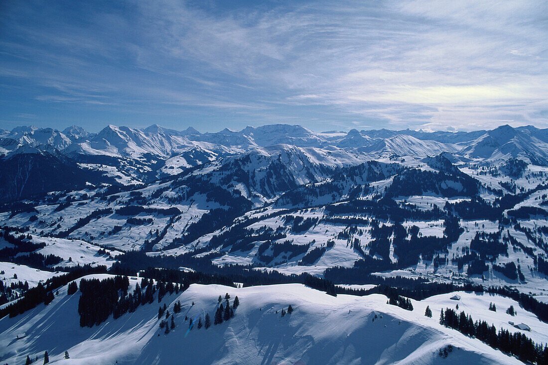 Aerial view of Gstaad Ski Resort, Bernese Oberland, Switzerland