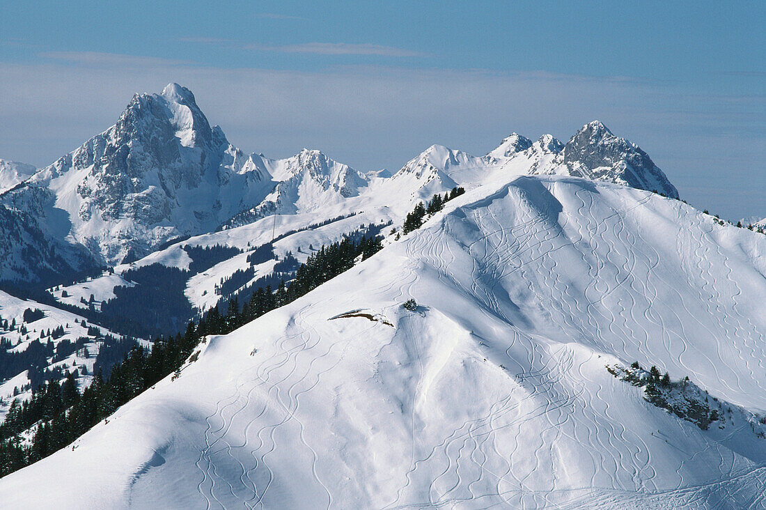 Ski Resort Gstaad, view towards Gummfluh, Bernese Oberland, Switzerland