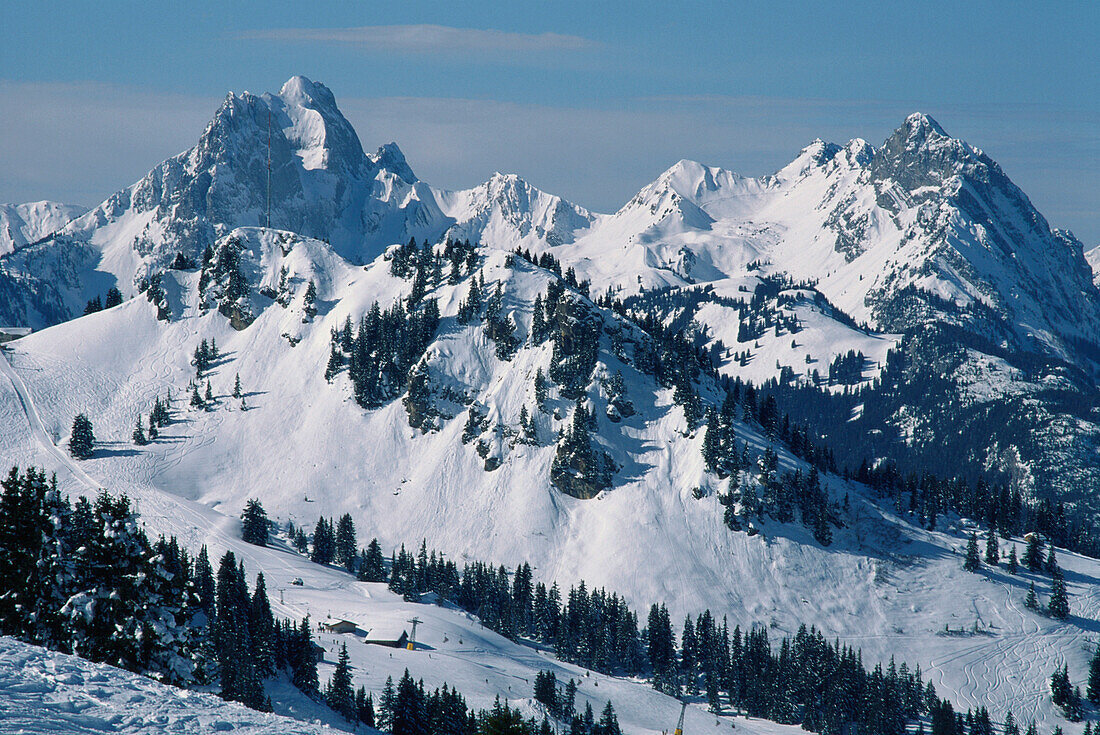 Ski Resort Gstaad, view towards Gummfluh, Bernese Oberland, Switzerland