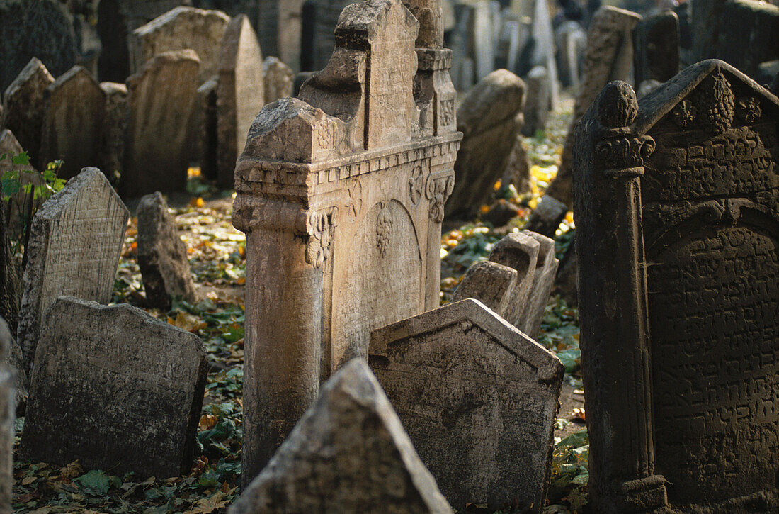 Grave stones in a Jewish cemetery, Prague, Czech Republic