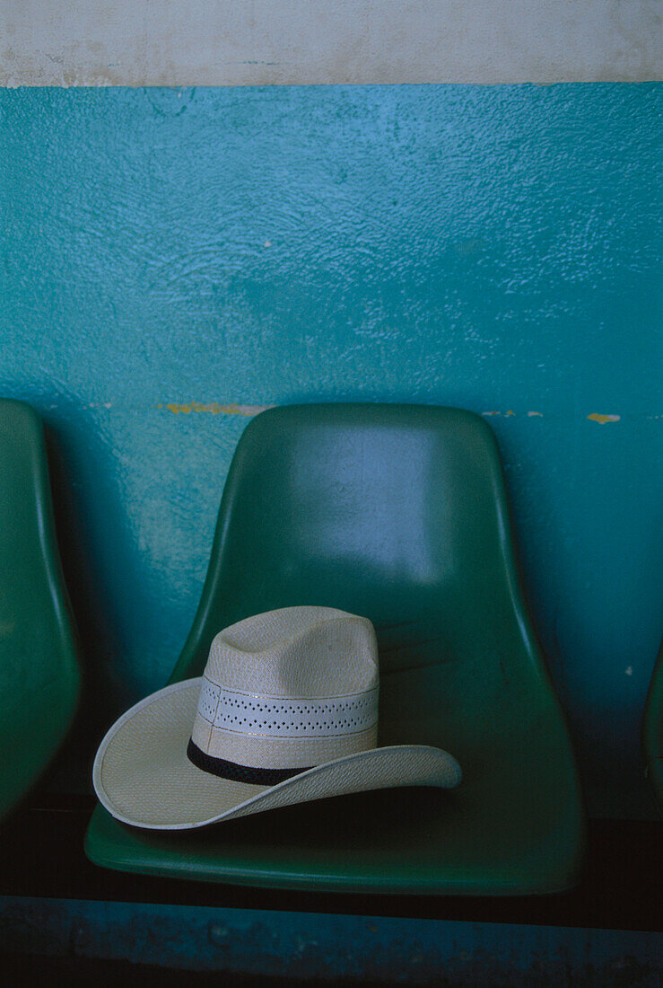 A Panama hat on a chair in the bus station, Puerto Escondido, Oaxaca, Mexico, America