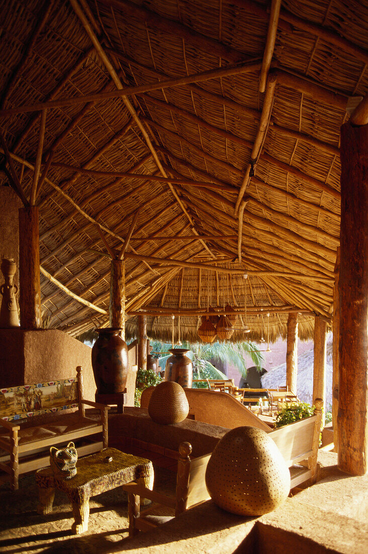 The lobby in small luxury hotel, La Casa que canta, Zihuatanejo, Mexico, America