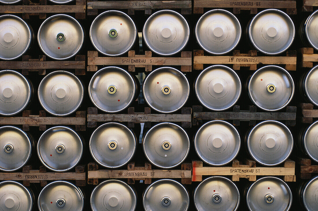 Rows of beer barrels, Spaten Brewery, Munich, Bavaria, Germany