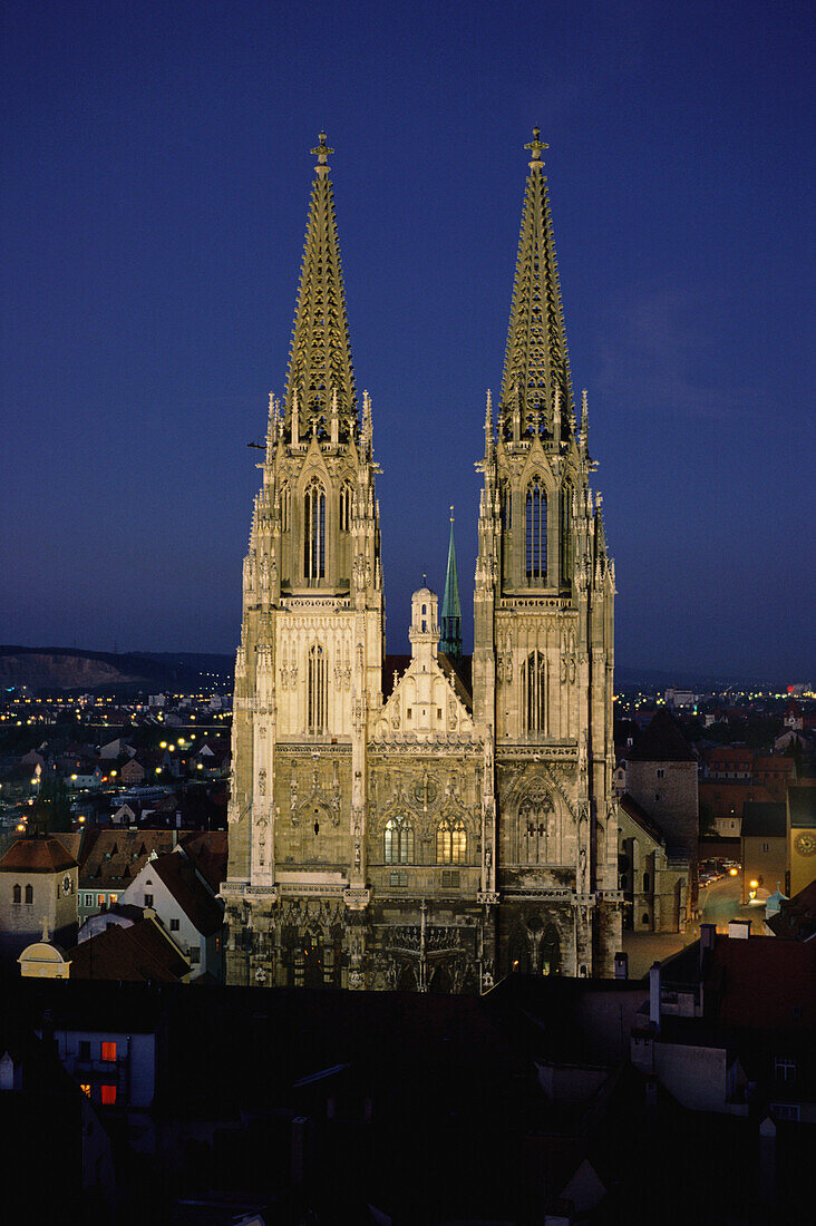 Regensburg Cathedral at night, Regensburg, Bavaria, Germany