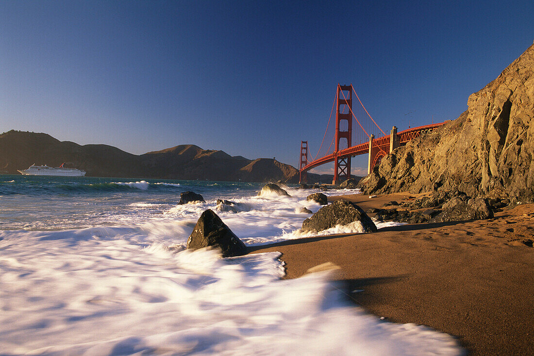 View of the Golden Gate Bridge from a beach, San Francisco, California, USA