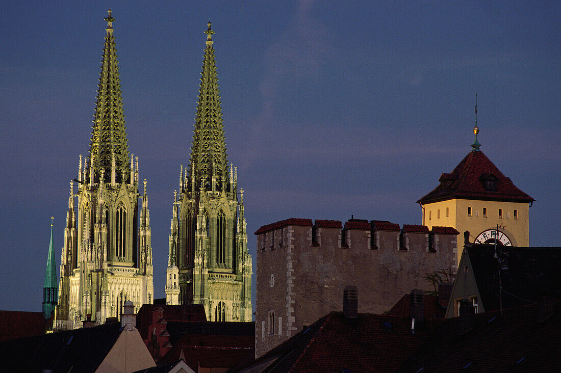 Regensburg Cathedral and city hall tower, Regensburg, Bavaria, Germany