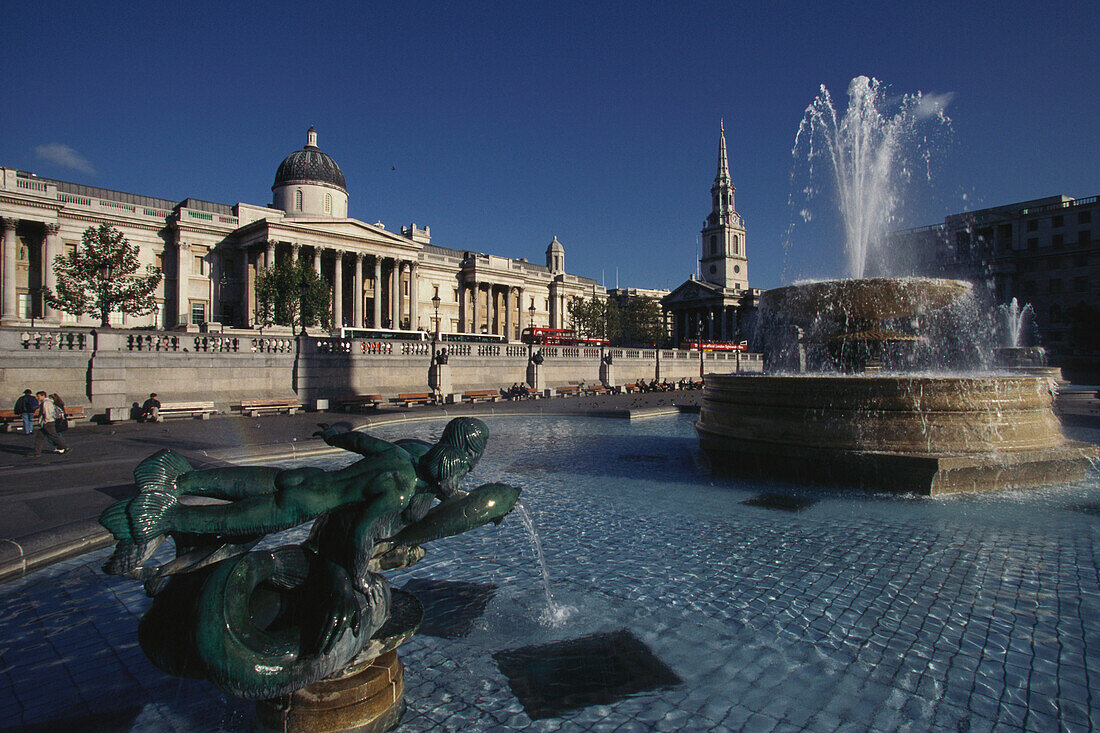 View of the National Gallery and fountain, Trafalgar Square, London, England