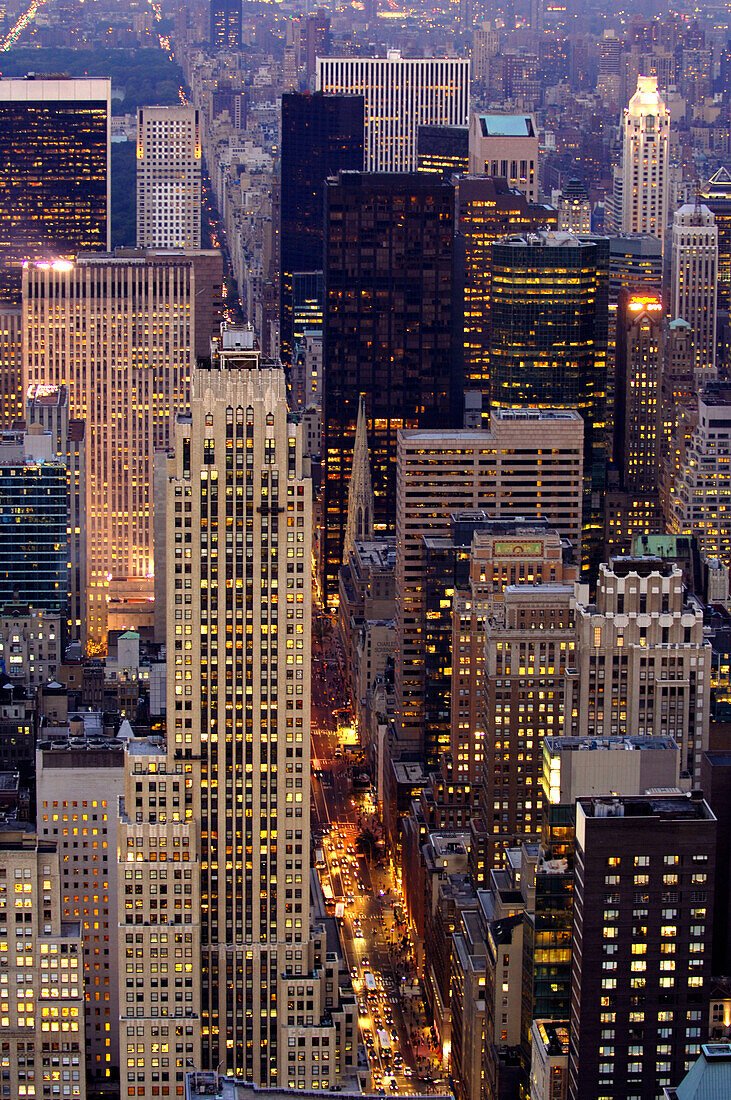New York Skyline at night towards 5th Avenue, Uptown, taken from Empire State Building, New York City, New York, USA