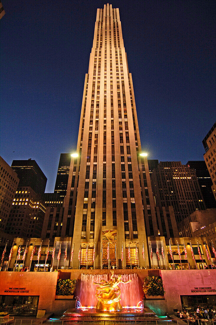 Rockefeller Center and Prometheus fountain at night, New York City, New York, USA, America