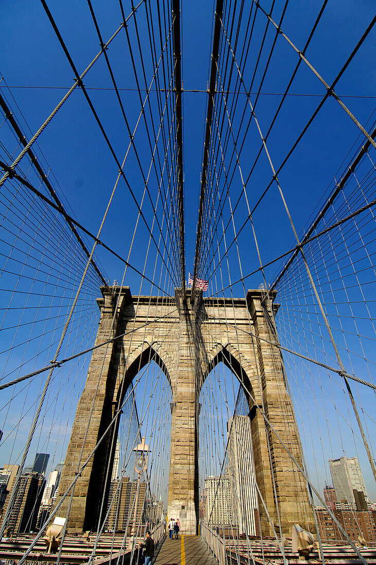 View of Manhattan Skyline from Brooklyn Bridge, New York City, New York, USA