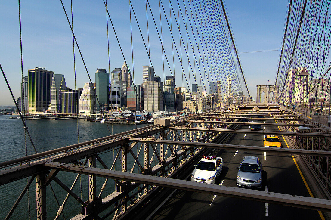 View of Manhattan Skyline from Brooklyn Bridge, New York City, New York, USA