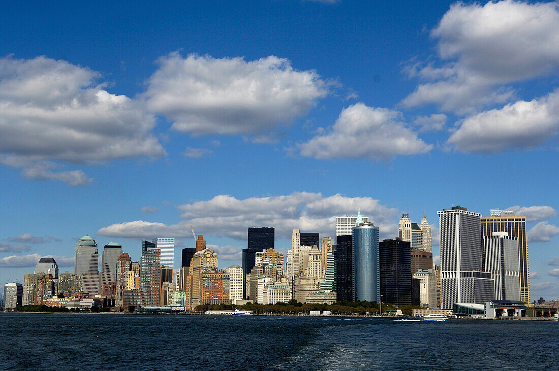 View from Staten Island Ferry towards South Manhattan, New York City, New York, USA