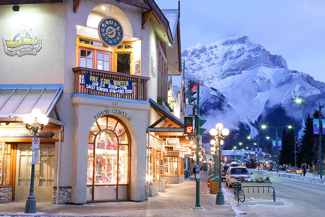 Banff avenue in the morning light with Cascade mountain in the background, Snow, Winter, Alberta, Canada