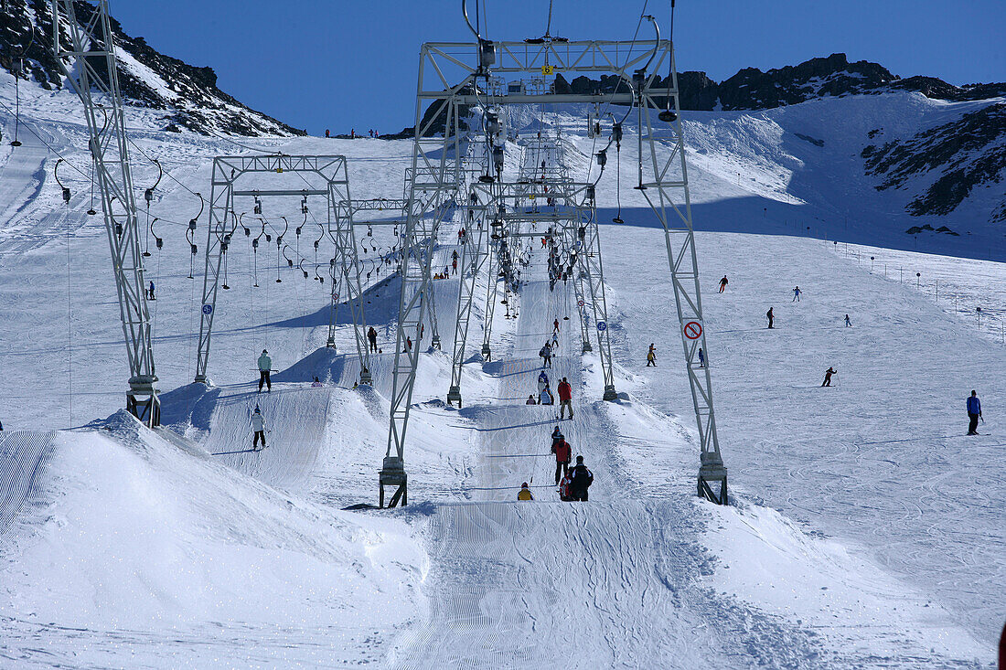 Finail ski lifts on the Finail glacier, Schnalstal, South Tyrol, Italy