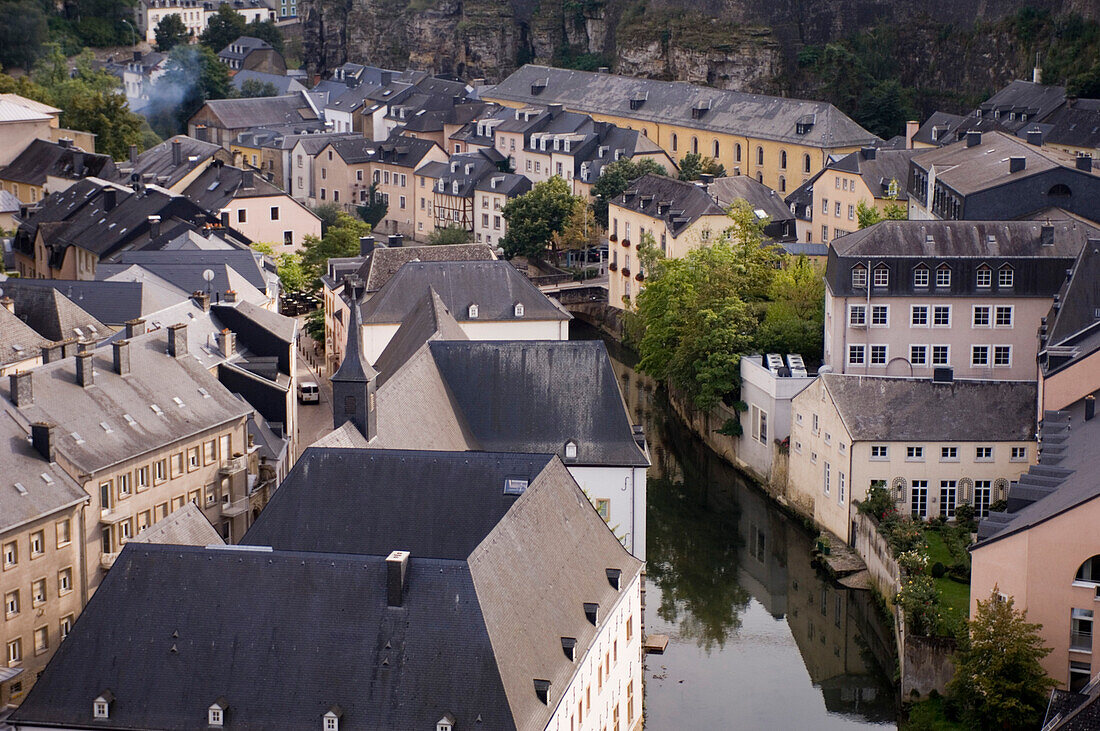 The river Alzette between historical buildings, Luxemburg