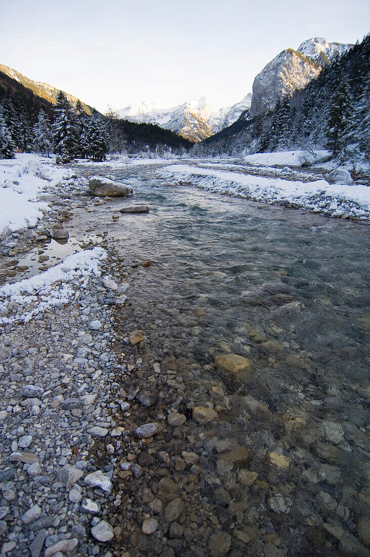 River in winter at the foot of mountain Hinterriss, Tyrol, Austria, Europe