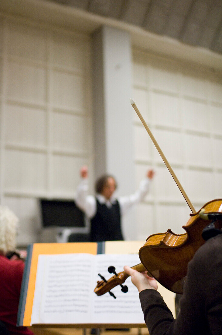 Music stand an violinist, Munich Symphonic Orchestra, Germany