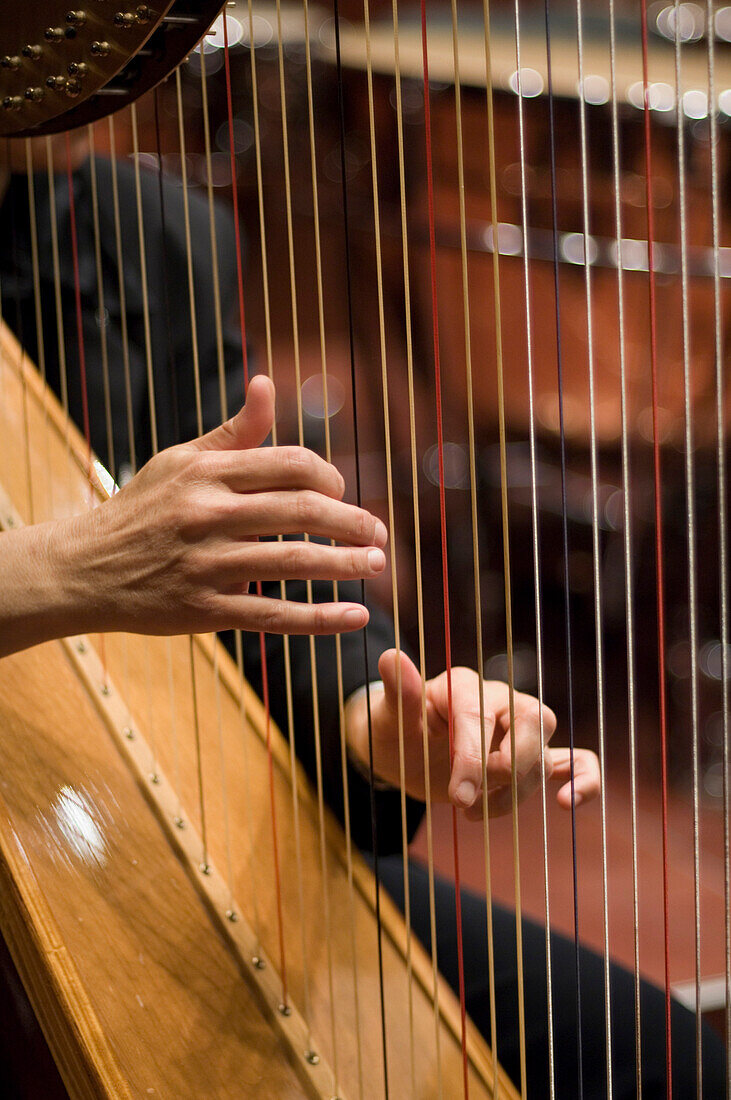 Musician playing harp, Munich Symphony Orchestra, Prinzregententheater, Munich, Bavaria, Germany