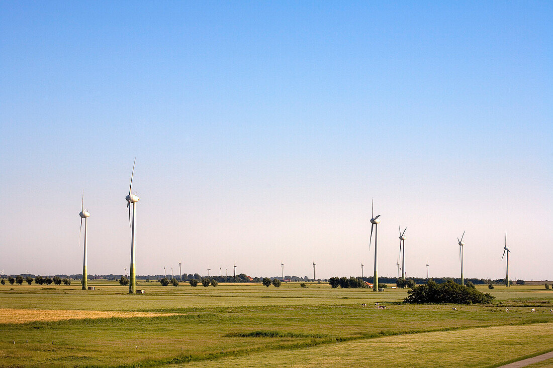 Wind park in dyke landscape, Pilsum, East Frisia, Lower Saxony, Germany