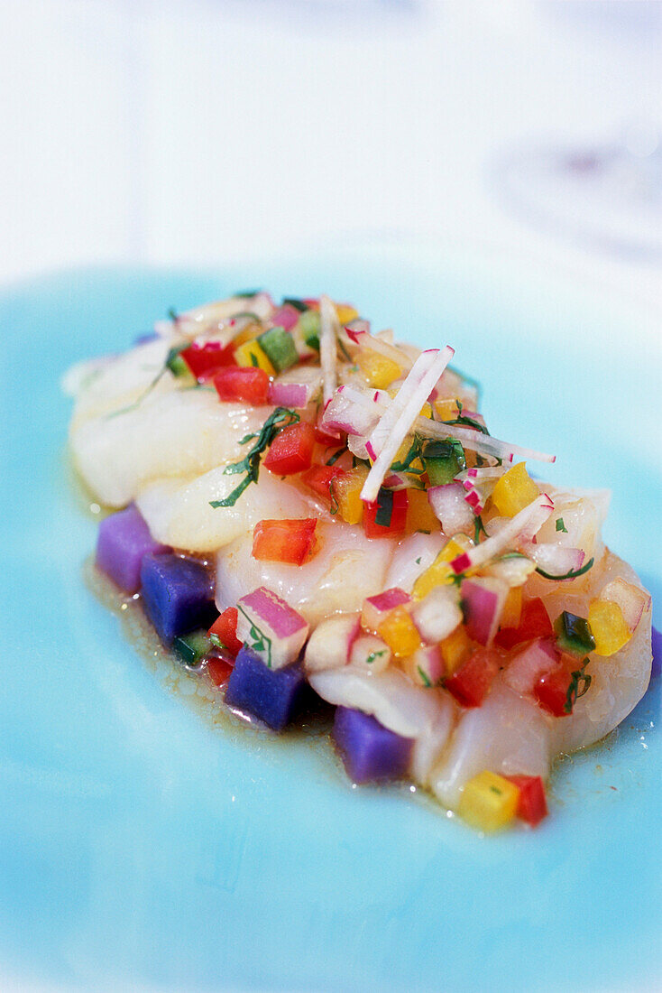 Scallops tiradito with exotic vegetables, Restaurant Norman's, Coral Gables, Miami, Florida, USA
