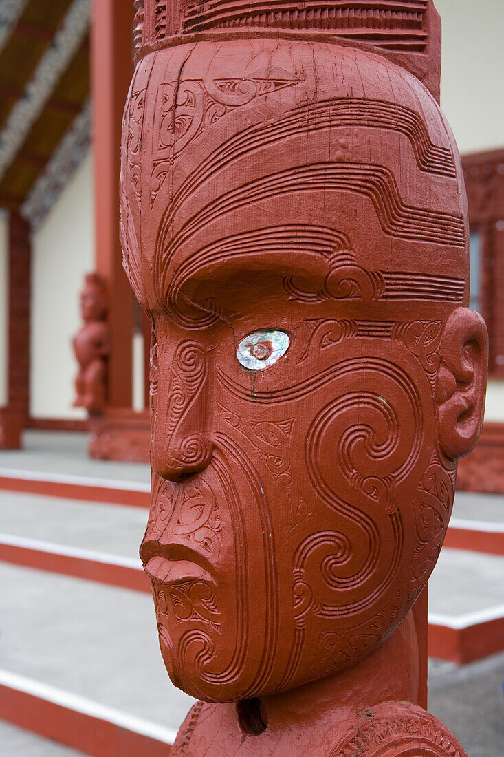 Maori Carving at Rotowhio Marae Meeting House Entrance, Te Puia, Rotorua, North Island, New Zealand