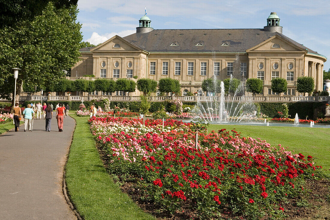 Flowerbeds in Bad Kissingen Kurpark, Park and Regentenbau Building, Bad Kissingen, Rhoen, Bavaria, Germany