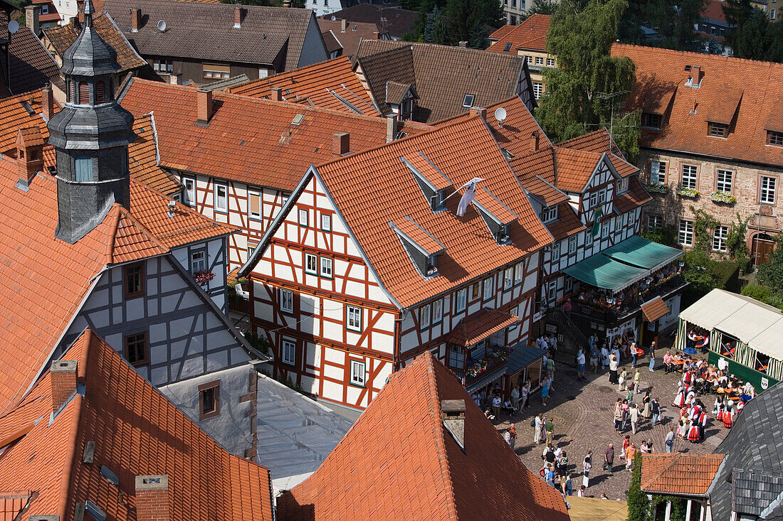 Timberframe Houses and Marktplatz Central Square, View from Schlitz Tower, Schlitz, Vogelsberg, Hesse, Germany