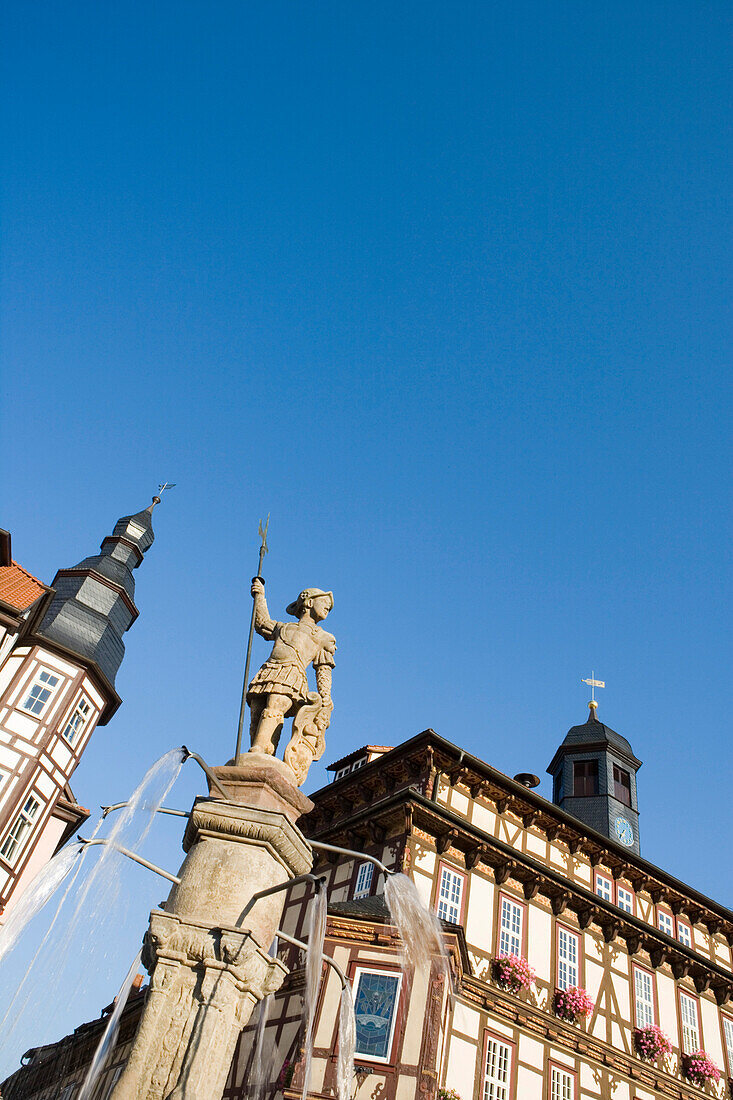 Fountain Figure and Vacha Rathaus City Hall, Vacha, Rhoen, Thuringia, Germany