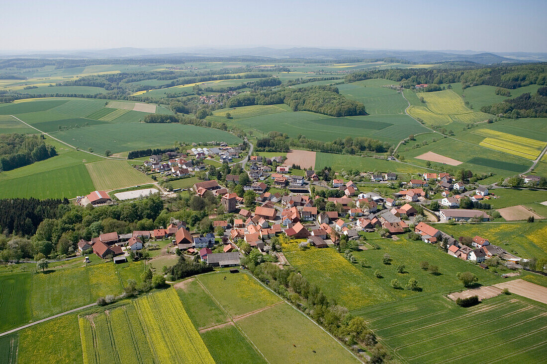 Aerial Photo of Holzheim Village, Countryside, Haunetal, Rhoen, Hesse, Germany
