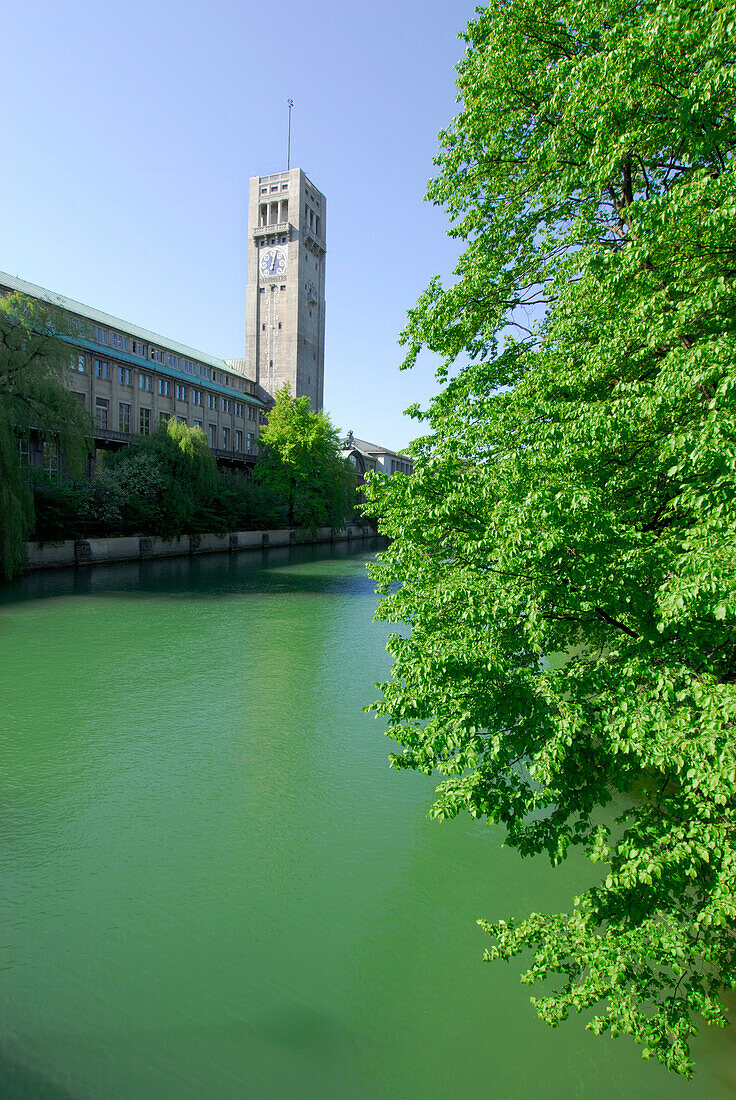 View over river Isar to German Museum, Munich, Bavaria, Germany