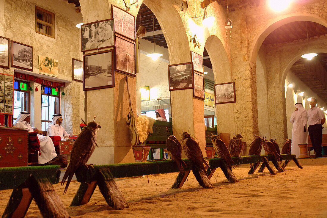Falken vor ein Geschäft, Traditioneller Souk in Doha, Katar, Qatar