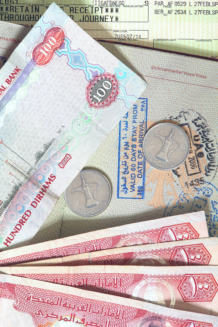 Dubai banknotes and coins, Dubai, United Arab Emirates, UAE