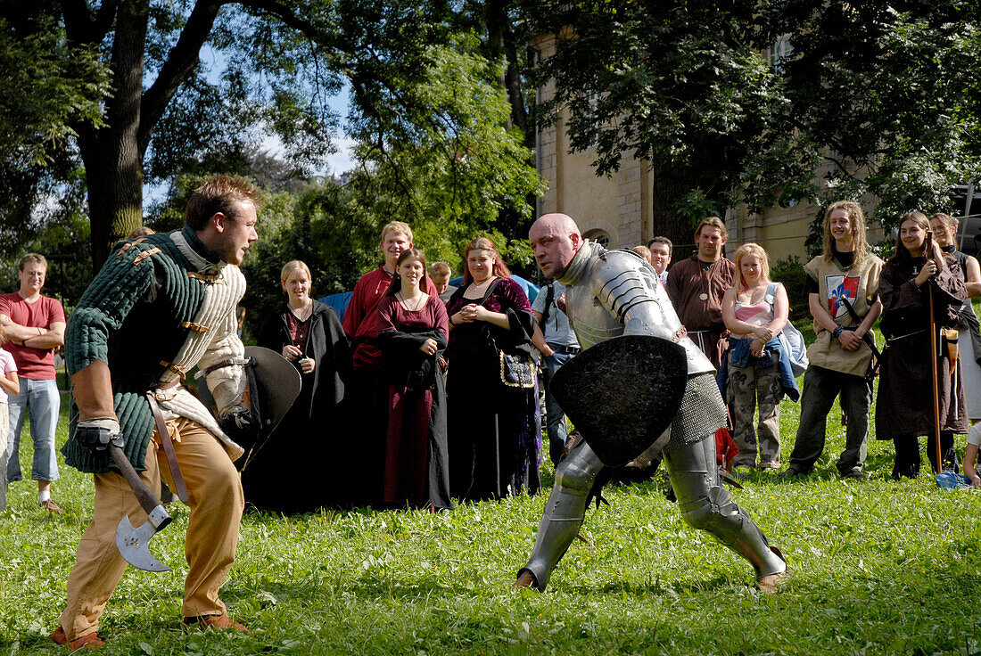 Knights fighting at a medieval festival, Luther fair, Eisenach, Thuringia, Germany